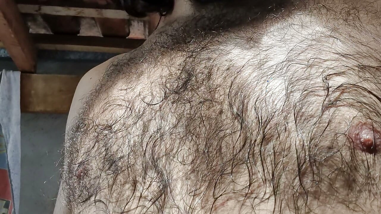 Close-up on the sweaty hair of the naughty, hairy and sweaty male