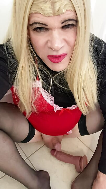 Amateur Sissy Crossdresser try's to squirt on dildo  for Daddy and talks about him paying  $8k for her breast  implants