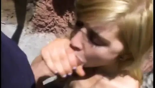 Hot skinny chick gets her mouth filled with cock and cum in the sun