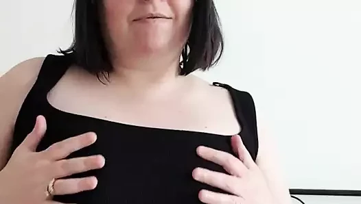 Wife Playing with My Pink Rabbit Vibrator in Black Dress