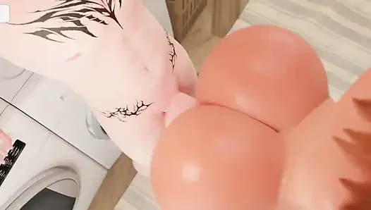 Eden fucks Zoe huge dick at the laundry with her big ass