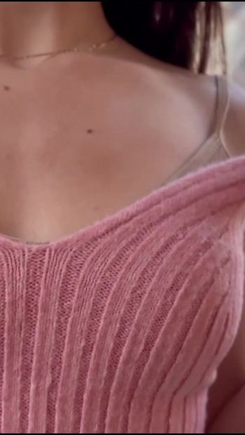 teasing boobs in pink top - closeup breast - worship body - worship tits
