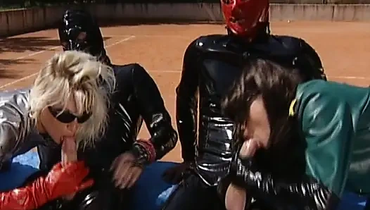 Fisting anal foursome on the tennis court with stunning German dolls