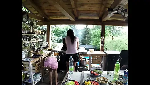 The neighbor has a barbeque party and the girls are shameless and have no panties