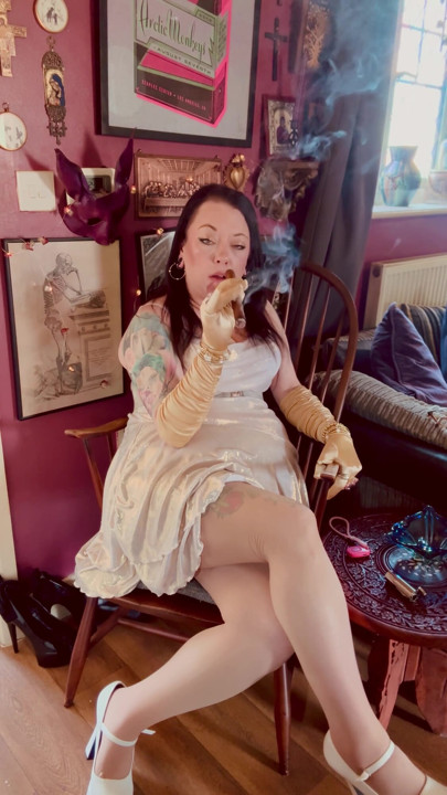 Cigar Smoking Tina Snua In Gold Satin Gloves & Rings - Smoker Smokes OME Drifting Smoke | Clip 1