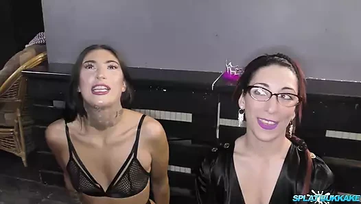 Lusty sluts Eva and Talia take debut bukkake facials