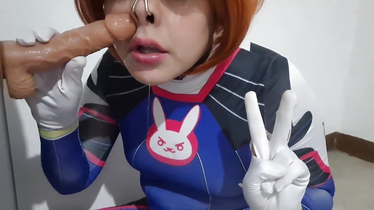 Full Version: Femboy with Dva Cosplay and BDSM Nosehook Giving a Blowjob, Eating Cum and Deepthroat to Big Dildo