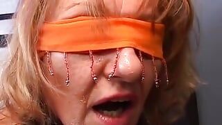 Blindfolded German whore enjoys BDSM gangbang
