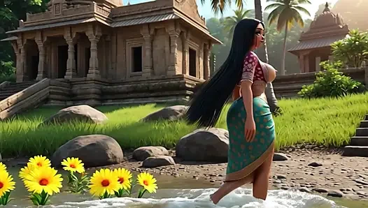 Красивые индийские девушки с очень большими сиськами провокационно купаются в гангах и дворцовом бассейне в мультяшном стиле