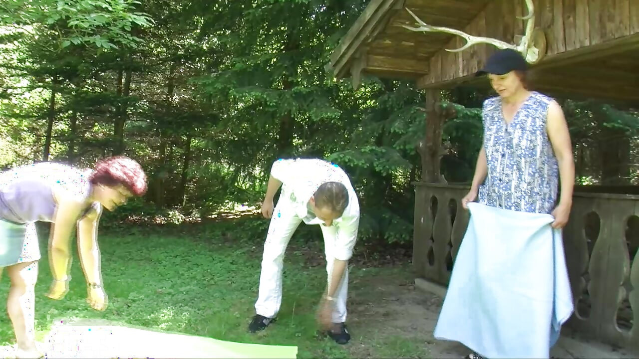 Mature German bitches sharing dick in outdoor threesome