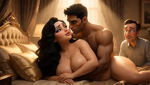 A Muslim man and a Jewish wife, with her cuckold  Christian husband watching her being fucked.