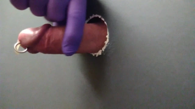 Glory hole wank circumcised cut cumshot gloves