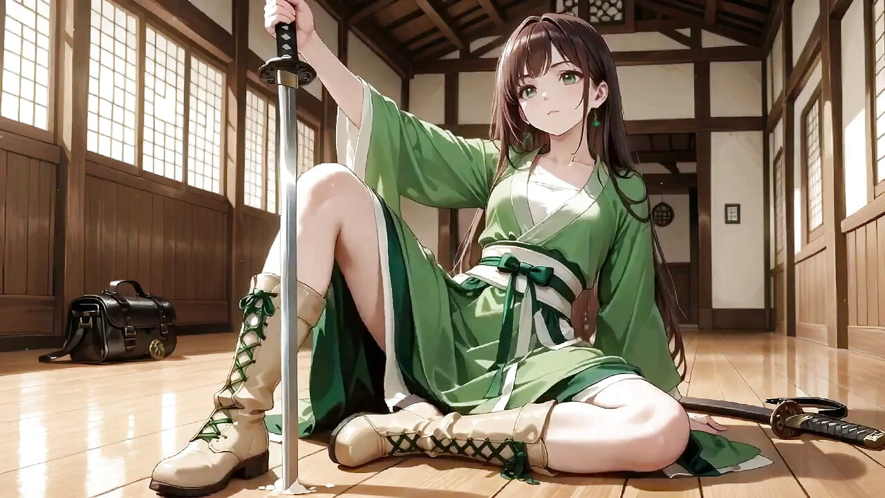 畳の上で膝をつき、短いスカートを穿いた彼女の瞳はとろけている。濡れた肌に陽光が当たり、彼女は静けさから妖艶へと変わっていく。