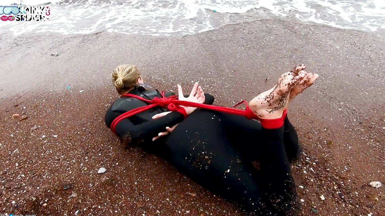 Hogtied in a Wetsuit - Rope Bondage Escape Challenge on the Beach
