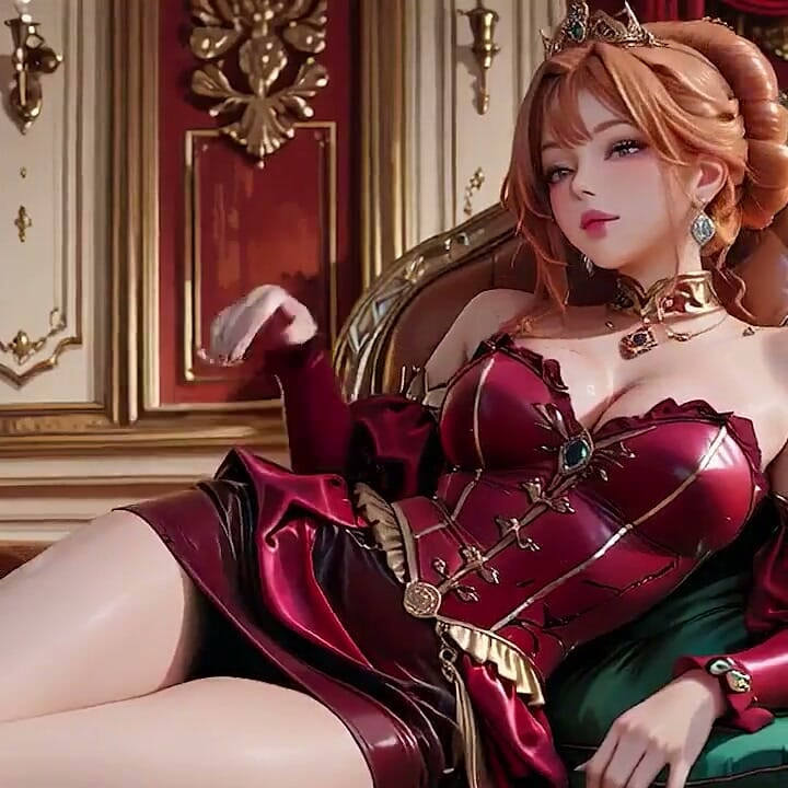 Red Queen on the Golden Throne! Deep Velvet Gown, Lazy Chin Rest, and a Gaze That Locks Onto You. Is She a Ruler or Prey?