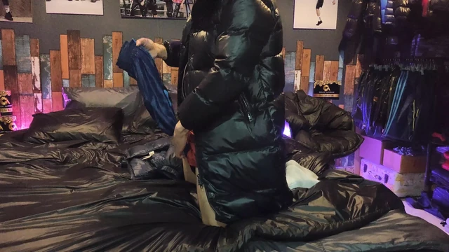 Cock Rubbing Down Jacket on Shiny Nylon Bed