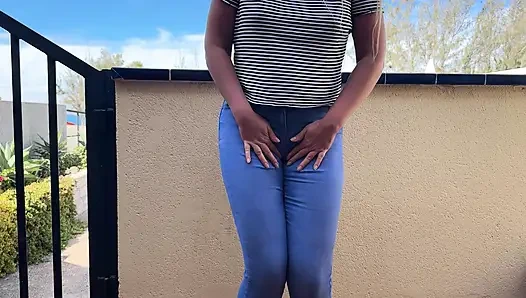 Desperate jeans pee wetting outdoor
