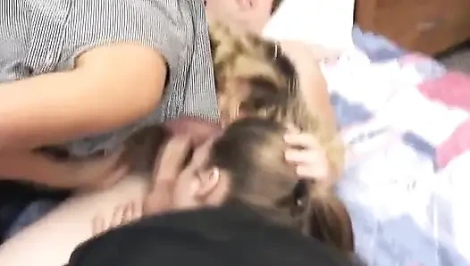 Lusty brunette girls with  huge tits deepthroats a fat dick