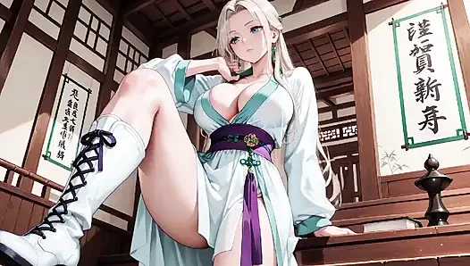 Weißes kimono-zimmermädchen! Knien auf dem japanischen Flur, riesiger Schlitz, der nasse Schenkel unter der Sonne enthüllt.