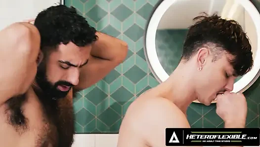 HETEROFLEXIBLE - Steamy Shower Blowjob Turns Into Rough Bareback Anal Between Hairy Hunk & Hot Jock