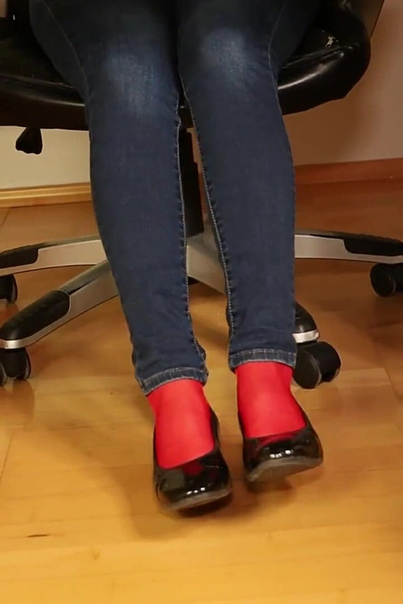 Red Nylon Feet in Black Shiny Heels - Dangling & Tease in Tight Jeans