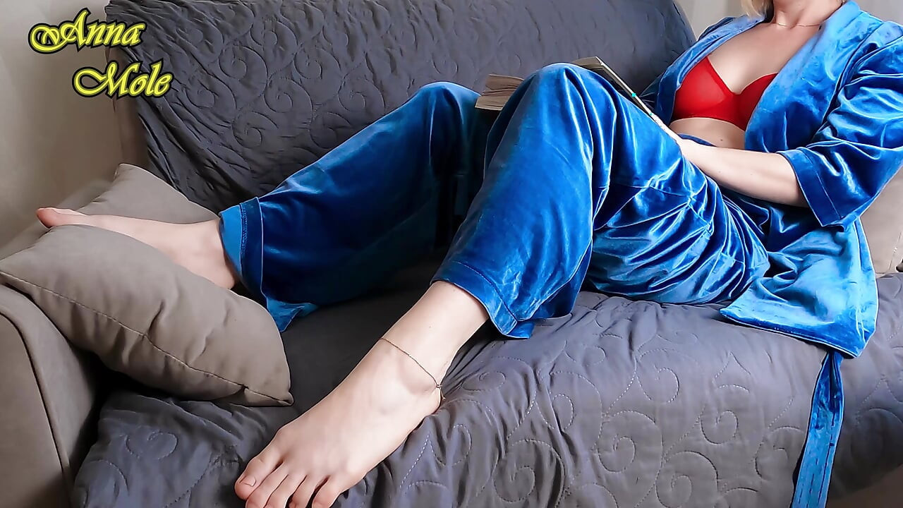 Hot mommy in pajamas starts to caress herself everywhere, reaching a strong orgasm.