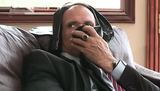 Fetish man enjoys busty blonde in latex