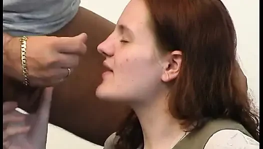 Young babe sucks a hard cock to a mouth cumshot on the sofa