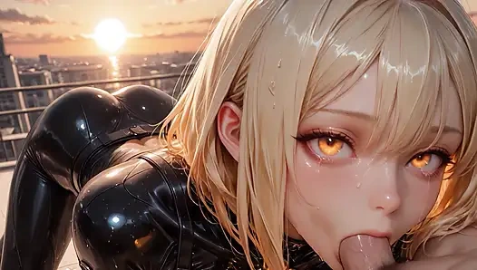 Vega stone menahan tanahnya di atas kota, berotot, langit oranye menyulut tatapannya yang ganas - ai Generated