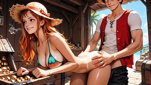Nami жестко трахнули Luffy и Zoro - тройничок на пляже одна часть, хентай без цензуры