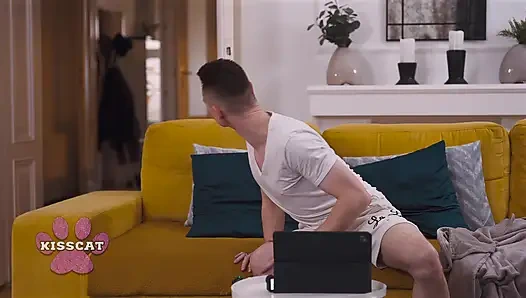 Step Catches Busty Amber Bloom Jerks Step Bro on Couch Spanks Her During Doggy