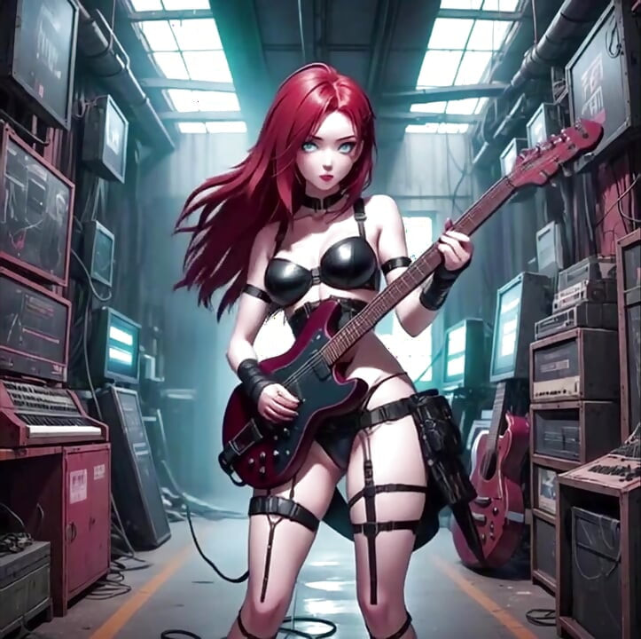 Sexy anime roodharige speelt metal-gitaar AI muziekvideo