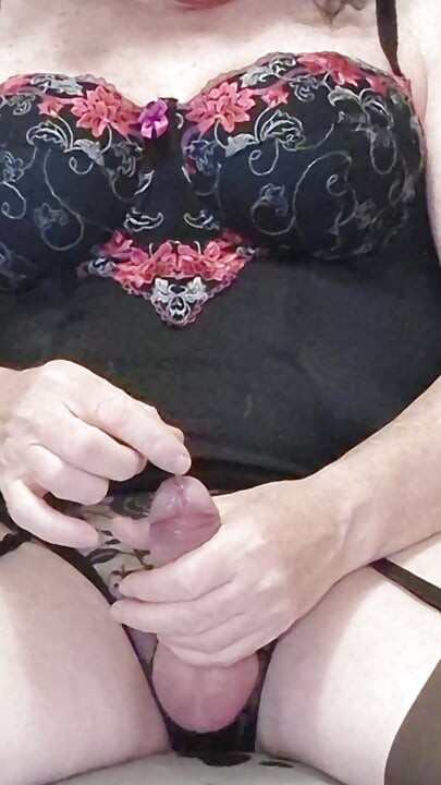 Black Embroidered Basque & Dark Coffee Stockings Cum Shot