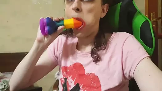 Crossdresser sucking on cam dildo solo blowjob