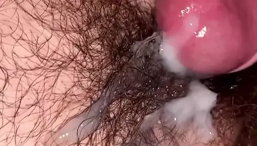 Hairy pussy fucked in missionary with cumshot