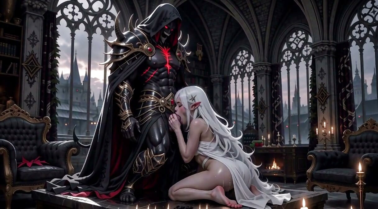 3d anime elfa de cabello blanco, follando todo el castillo de demonios