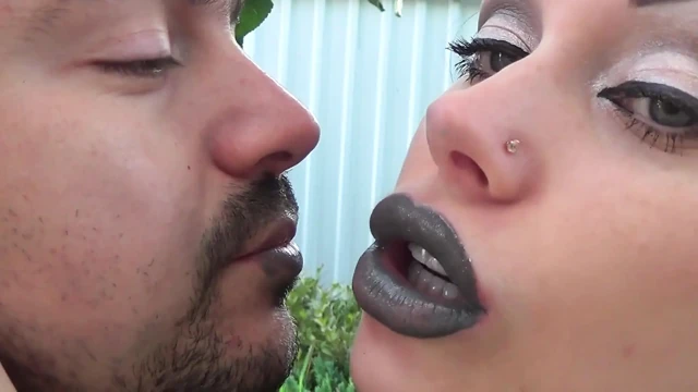 Covering Alex with khaki shiny lipstick kisses all over his face outdoor! + Little tongue play!
