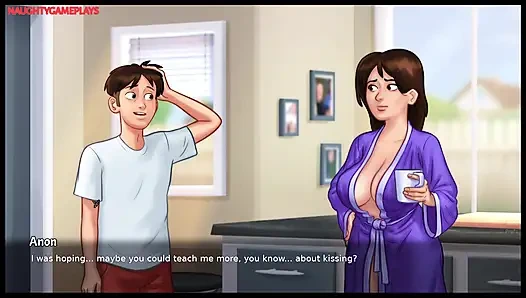 Summertime Saga Part 23 By DarkCookie - Hot milf caught him masturbating right in Her Bed and help him to cum well