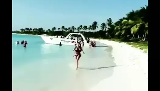 Huge boobs running on beach