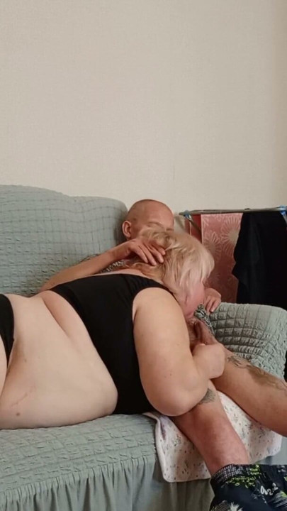 My mother-in-law gives me a blowjob after work and gets a portion of cum in her mouth | Clip 3