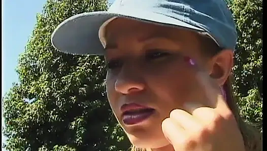 Young girl with hairy pussy fucked doggystyle in a garden