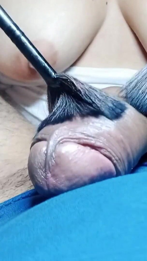 a pleasurable and very exciting caress with a soft brush all over my penis by my expert stepsister | Clip 1