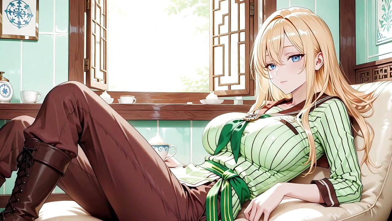 She sips beer while fixing her apron, revealing creamy cleavage.