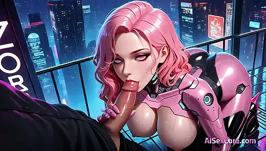 Cyborg beauty sucks cock then rides wild as her wet body shakes and creamy orgasms soak her metal skin