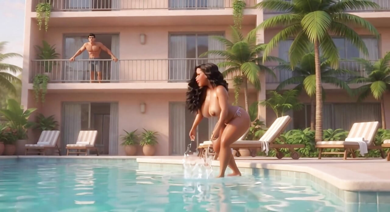Hot Curvy Brazilian Woman Masturbates Wet Pussy by the Pool as Her Neighbor Watches and Strokes Dick (AI generated)