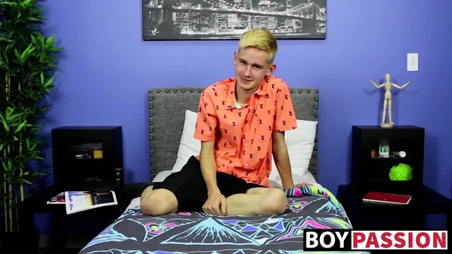 Skinny little twink with big fat dick tugs after interview