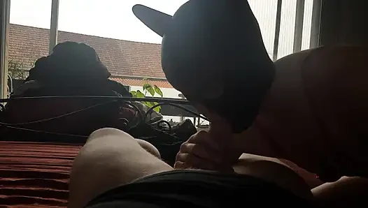 Blowjob in red bodysuit on my boyfriend