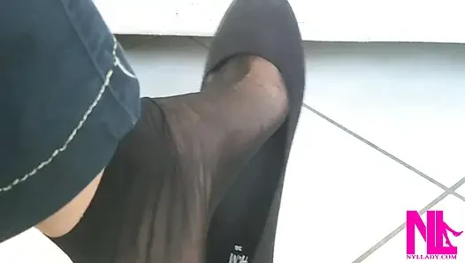Dangling in Black Flats and Black Nylon Socks