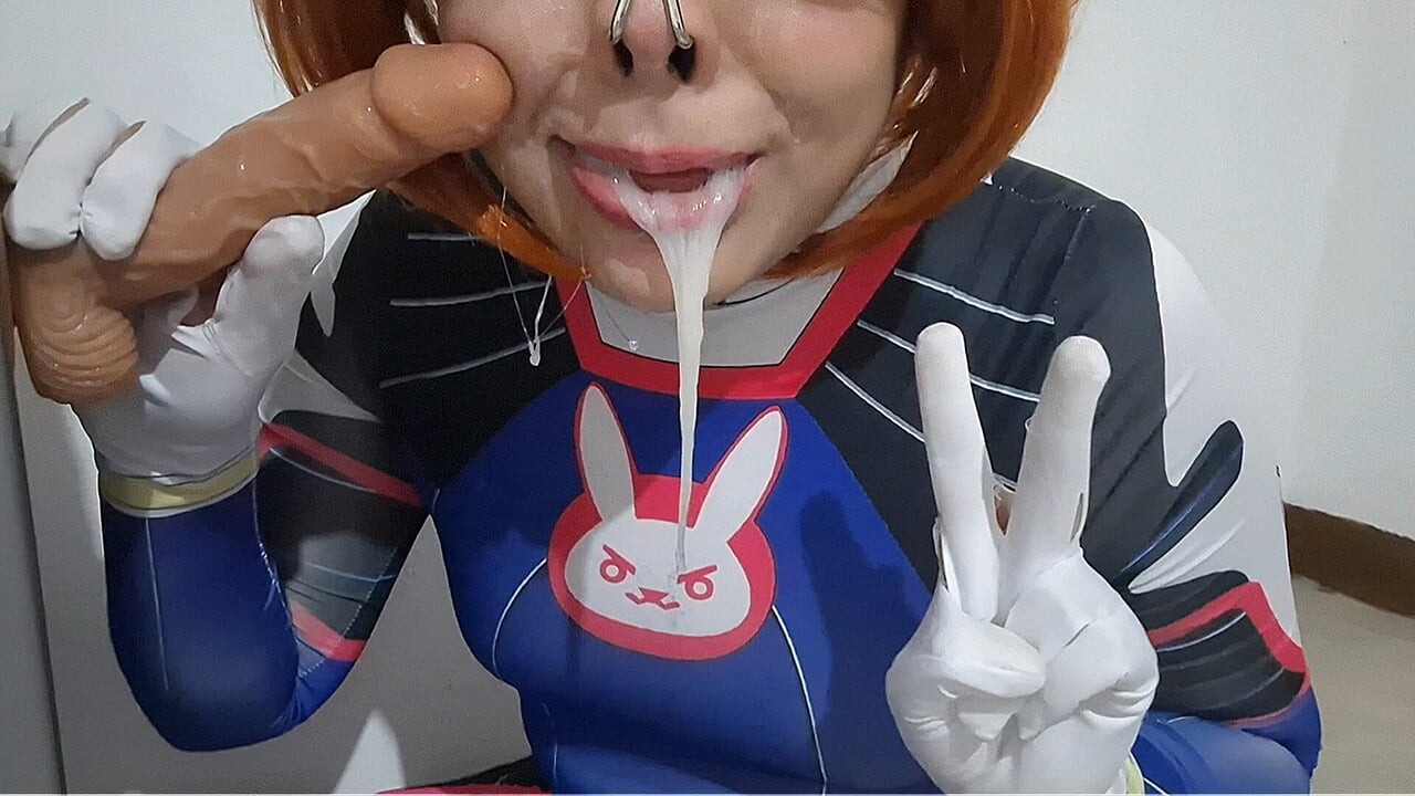 Femboy with Dva Cosplay and BDSM Nosehook Giving a Blowjob, Eating Cum and Deepthroat to Big Dildo