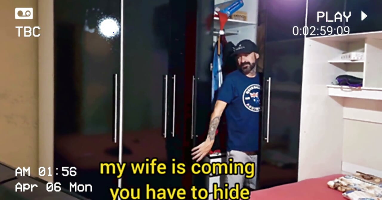 Prank with Wife the Cuckold Left Eater Inside Wardrobe to Get in Together at Sex Time